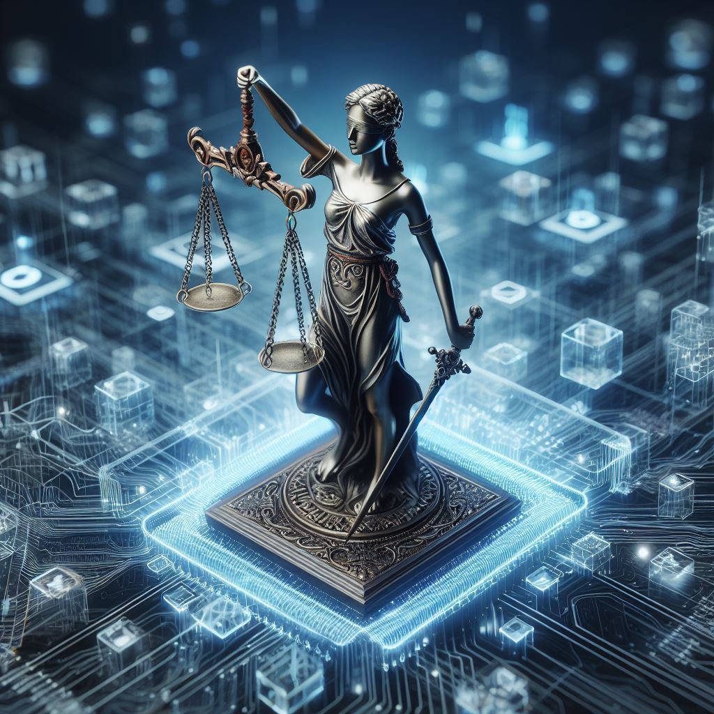 Justitia sin vektskål i en kontekst av KI.