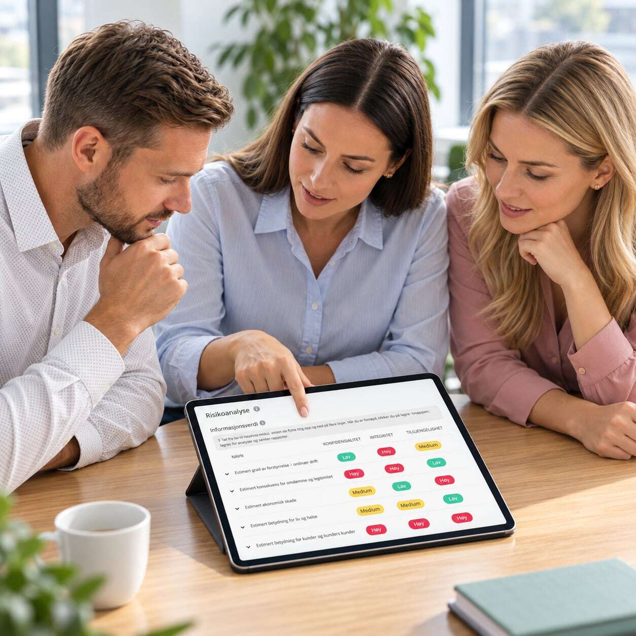 Tre personer rundt et bord jobber med informasjonssikkerhet i Iconfirm på et nettbrett