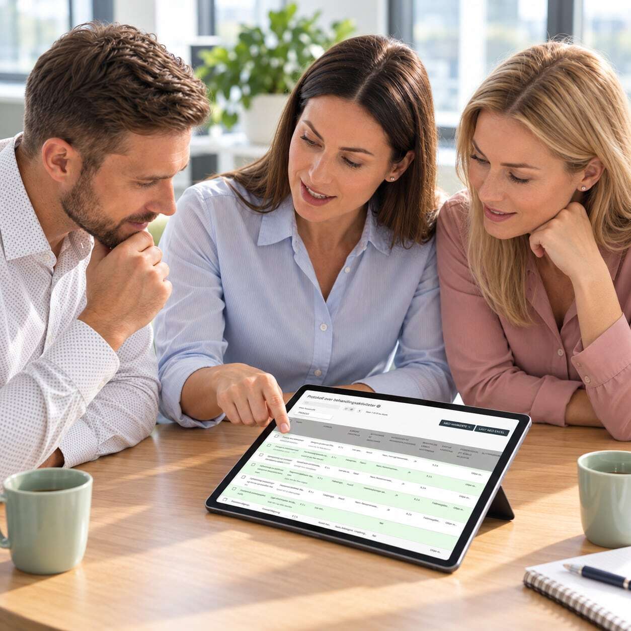 Tre personer rundt et bord jobber med personvern og gdpr i Iconfirm på et nettbrett